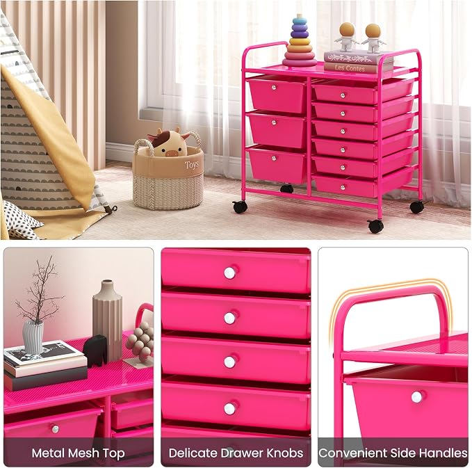 Moccha 9-Drawer Rolling Storage Cart - Under Desk Storage Drawers with wheels for Craft Art Supply Paper Salon, Scrapbook Paper Tools, Mobile Utility Cart for Classroom, Hot Pink - Image 6