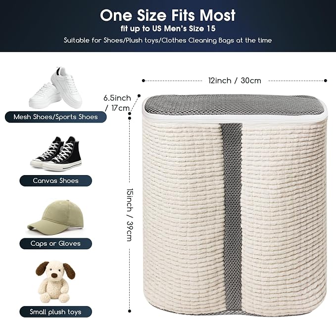 Shoe Washing Machine Bag for Sneaker Cleaning Laundry Shoe Bag, Beige | Dual Compartment, Full Protection, Clasp-Lock Zipper, Dense Chenille, Bound Edge & Seams - Image 6