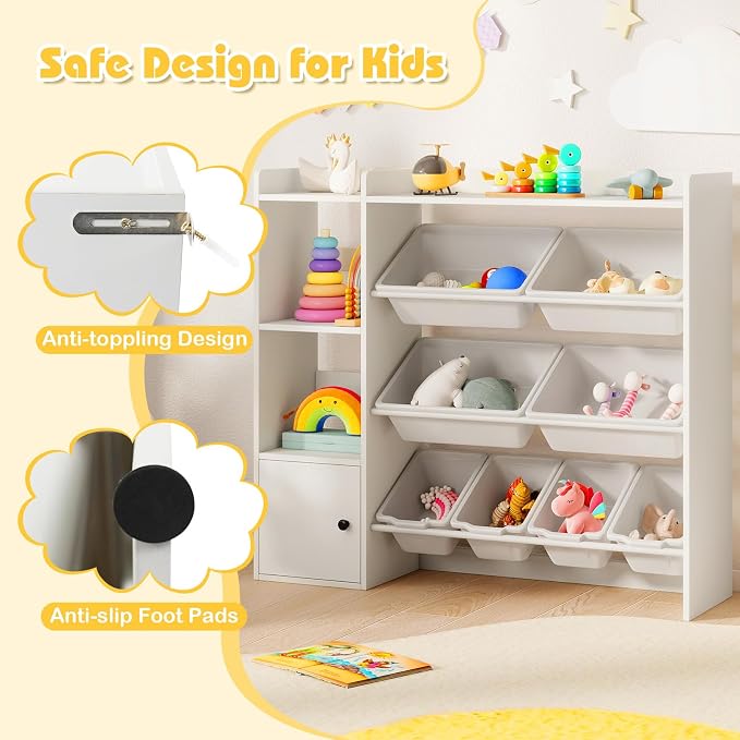 Costzon Kids Toy Storage Organizer w/ 8 Bins, Wooden Toddler Bookcase w/Open Shelves & Cabinet, Multifunctional Toy Storage Cabinet for Kids Room, Nursery & Playroom - Image 5