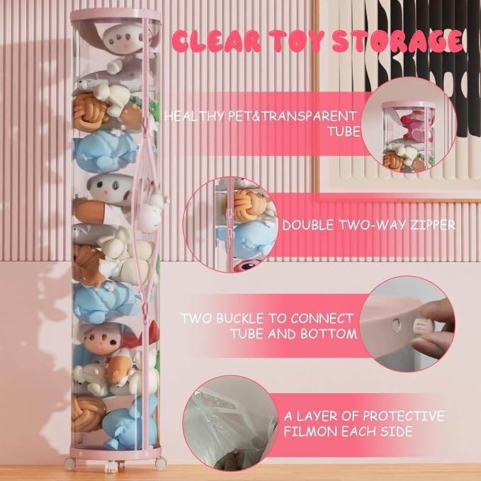 Upgraded Stuffed Animal Storage Tube,Tall (150cm) Plush Organizer with 4 Wheels,Pink PET Clear Bucket & Double Zipper, Space-Saving Toy Storage for Kids Room,Tidy Zoo Bin for Stuffed Animals - Image 5
