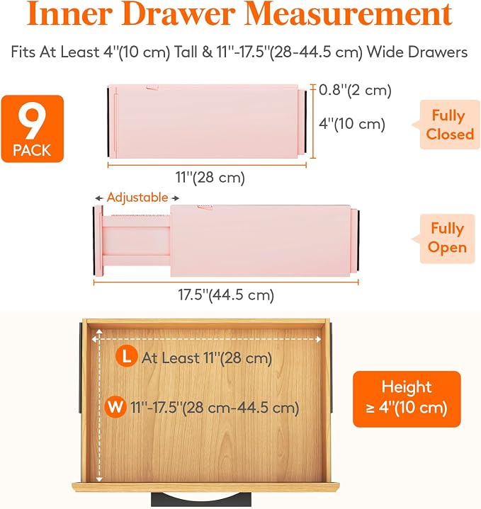 Lifewit 4" High Upgrade Drawer Divider, Adjustable Drawer Organizer Clothes | 9 Pack 11"-17" Expandable Pink Plastic Drawer Separator for Dresser, Kitchen, Closet, Nursery, Office Organization & Storage - Image 2