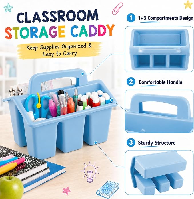 gisgfim 8 Pack Boho Classroom Caddy Table Organizer with Handle | Sturdy plastic construction, 4 divided slots, space-saving stackable design, smooth grip, portable center handle - Image 3