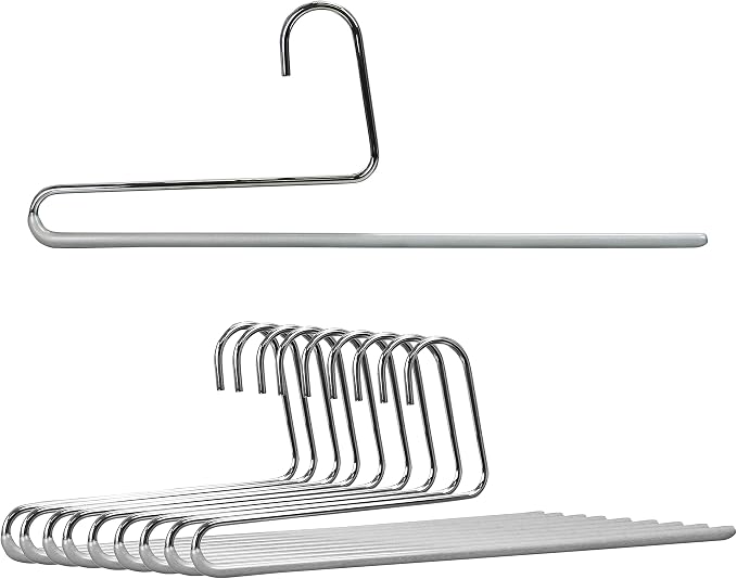 Mawa by Reston Lloyd Reverse Hook Trouser Series Non-Slip Space-Saving Clothes Hanger with Single Rod for Pants, Style KH/35U, Set of 10, Silver by Mawa