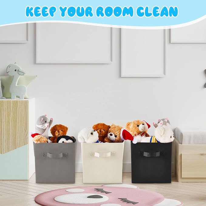 Yinder 12 Pcs Cube Storage Bin Grey 10.5''x10.5''x11'' Black Beige Storage Bins for Playroom Decor Colorful Bins for Kids Foldable Baskets for Nursery Organizer Boxes Fabric Boxes - Image 3