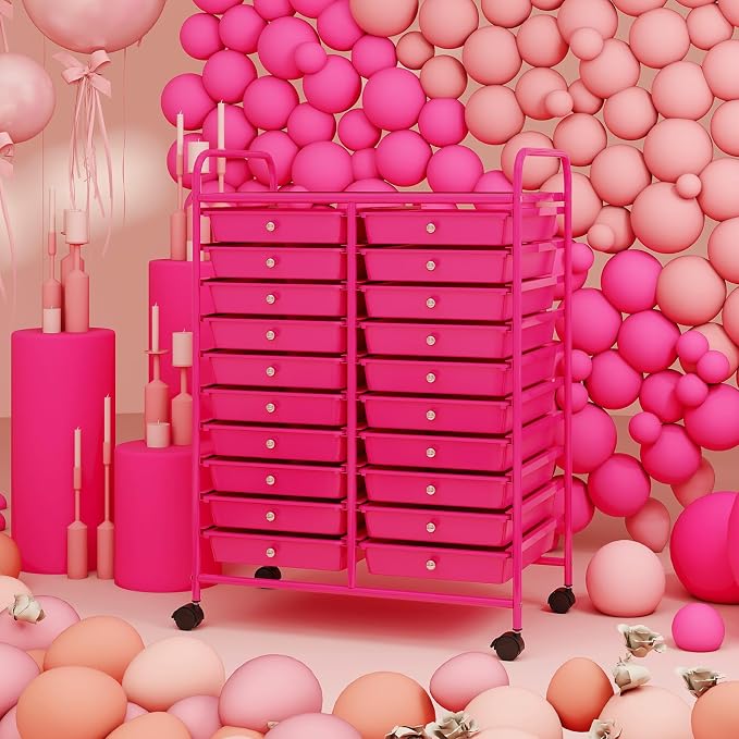 RELAX4LIFE 20-Drawer Rolling Storage Cart - Mobile Rolling Cart w/Drawers for School Classroom Teacher Office Home Salon, Paper File Art Supply Craft Organizer, Utility Cart on Wheels (Hot Pink) - Image 9