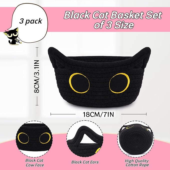 3 Pack Small Black Cat Storage Baskets for Organizing,Woven Mini Basket | Decorative Gift Basket,Nursery Shelves Rope Cotton Storage Bins for Gifts Empty, Mini Burr Baby Shower with Handles,7 IN - Image 2