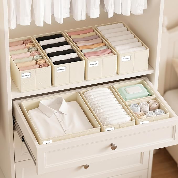 Drawer Organizer Clothes 10 Pack Washable Fabric Closet Storage Bins Flat Bottom Board Dresser Dividers for Bedroom Wardrobe Nursery Clothes Socks Underwear Bins, Beige - Image 8