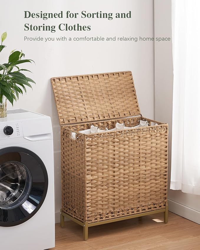 SETVSON Laundry Hamper with Lid, 35 Gal 3-Bag Clothes Sorter, Natural | Large Family Laundry Trunk with Lid, 3 Compartment Sorting Liner, 6 Wash Bags, Elevated PE Rattan Bin with Handles - Image 6