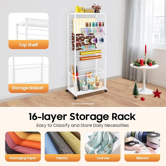 Ribbon Holder Organizer Rack,Double-Sided 16-TierRibbon Display Stand with Storage Basket and Wheels,Multifunctional Flower Wrapping Paper Storage Stand,for Flower Shops, Craft Rooms (White) - Image 4