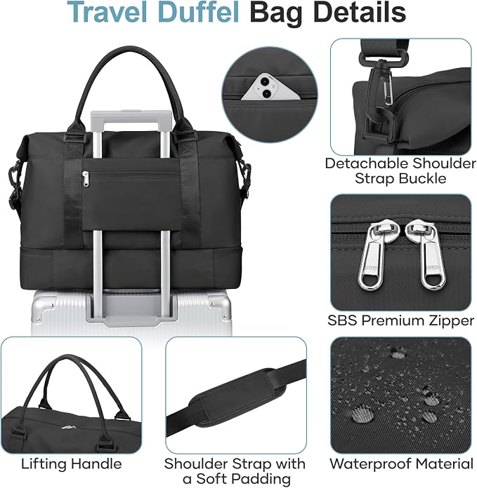 Weekender Bags for Women, Personal Item Travel Bag with Shoes Compartment | Vacuum Overnight Travel Duffel Bag with Air Pump & Compression Pocket - Image 8