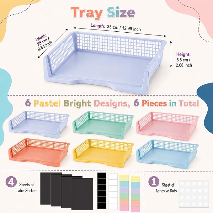 Set of 6 Pastel Turn in Trays with Label Stickers for Teachers Stackable Classroom Paper Letter Trays Plastic Classroom Desk Letter Organizer Tray Storage Baskets for Library, Drawers, Office, Home - Image 2