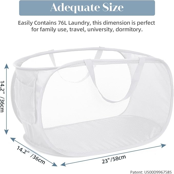 Strong Mesh Pop Up Laundry Basket, Collapsible Laundry Hamper with Side Pocket, Foldable Clothes Pop Up Hamper with Durable Reinforced Handles for Laundry, Bathroom, Kids Room, Dorm or Travel White - Image 3