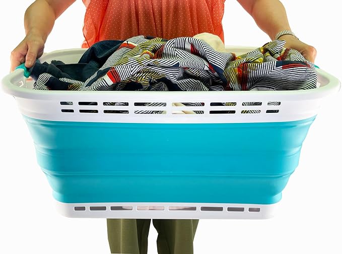 SAMMART 42L (11 Gallons) Collapsible Plastic Laundry Basket - Foldable Pop Up Storage Container/Organizer - Portable Washing Tub - Space Saving Hamper/Basket (White/Ceramic Blue) - Image 6