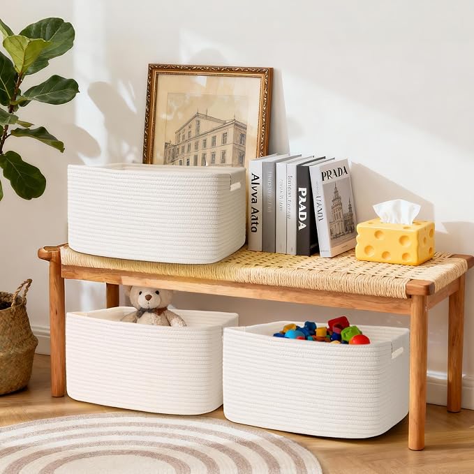 3 Pack Large Storage Basket for Organizing, 17.5"x13"x7" Woven Basket for Shelves, Closet Cube Storage Bins with Wrapped Handle, Cotton Rope Baskets for Kitchen, Clothes, Toys(Off White) - Image 4