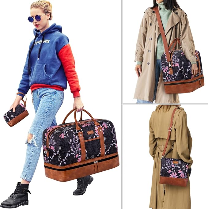 Weekender Bag for Women, Large Overnight Bag Canvas Travel Duffel Bag Carry On Tote with Shoe Compartment 21" 3Pcs Set - Image 6