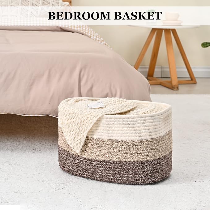 Cotton Rope Storage Baskets for Organizing 1Pack 15"x10"x9" Woven Baskets for Storage,Shelf Baskets Cube Storage Bins Towel Baskets for Bathroom,Toys Baskets Nursery Basket Laundry Baskets(White/Brown) - Image 5