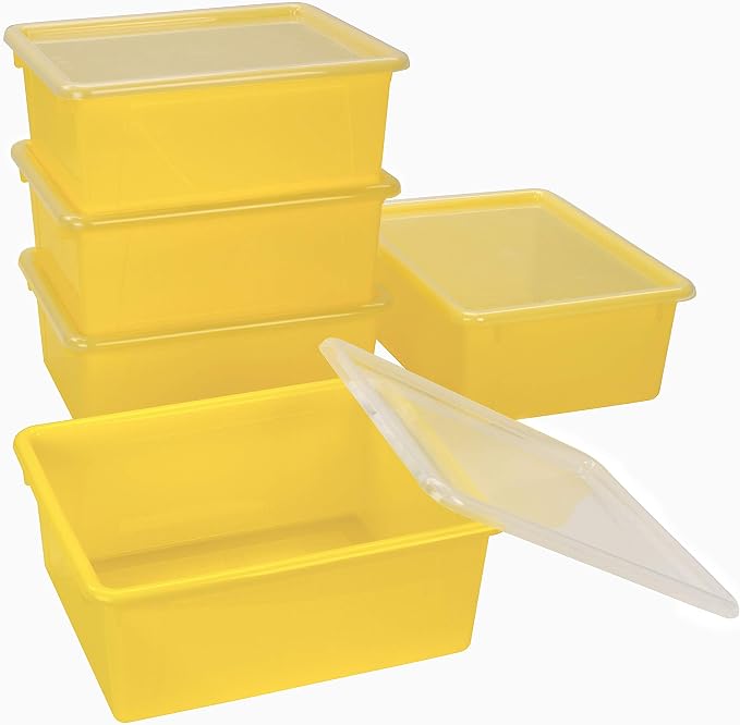 Storex Letter Size Deep Storage Tray – Organizer Bin with Non-Snap Lid for Classroom, Office and Home, Yellow, 5-Pack (62546U05C) - Image 3