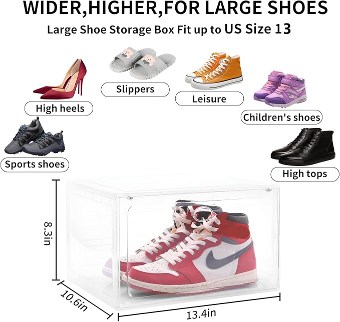 Large Clear Plastic Stackable Shoe Boxes 8-Pack, Drop Side Shoe Organizers | Clear Sneaker Storage Display Cases with Magnetic Door, Premium Shoe Container Fits up to US Size 13, for Closet Organization - Image 2
