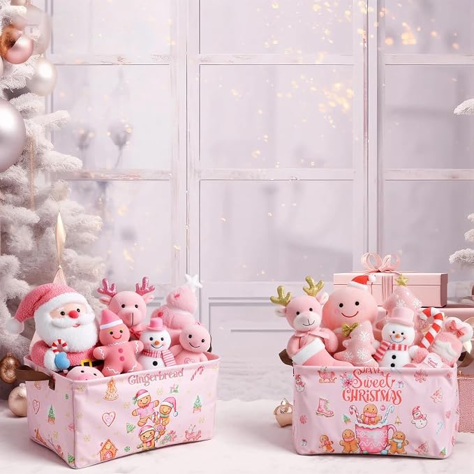 CHENGU 6 Pack Christmas Storage Basket Pink Collapsible Christmas Basket for Gifts Gingerbread Man Holiday Decor Large Gingerbread House Bin Foldable Xmas Tree Box with Handle for Bedroom Office Home - Image 5