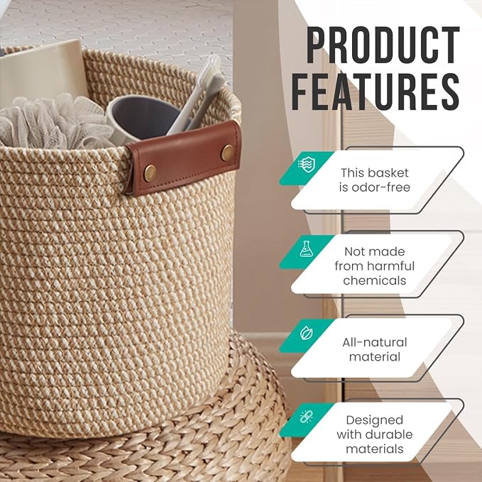 3 Pack Woven Cotton Rope Storage Basket, 15x10x9, Multi-Brown | Faux Leather Handles; Decorative Closet Shelf Organizer; Ideal for Storage & Organization - Image 6