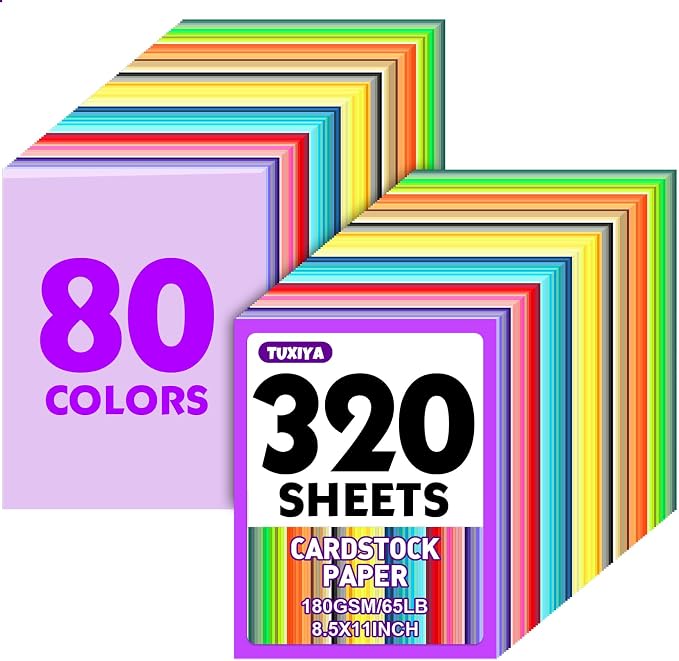 TUXIYA 320 Sheets 8.5" X 11" Colored Cardstock, 80 Colors Card Stock | 180GSM/65LB 80 Assorted Colors Construction Paper Printer Paper for Printing, Card Making, DIY Crafts, School Supplies,Party by Unknown