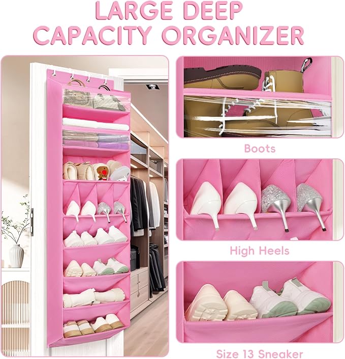 1 Pack 8 Shelves Over The Door Shoe Organizer, 68" Exlarge Deep Pockets | Hanging Shoe Organizer, Shoe Rack for Closet, Shoe Holder for Boots, Sneakers, Heels, Over Door Organizer in Home, Dorm, Pink - Image 4