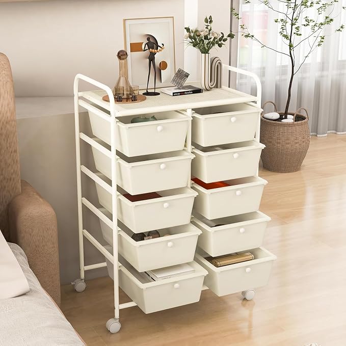 10 Drawer Rolling Cart, Storage Cart Organizer on Wheels, Drawer Cart with Metal Frame & Large Storage Capacity, Rolling Cart with Drawers for Living Room Classroom, Office - Image 2