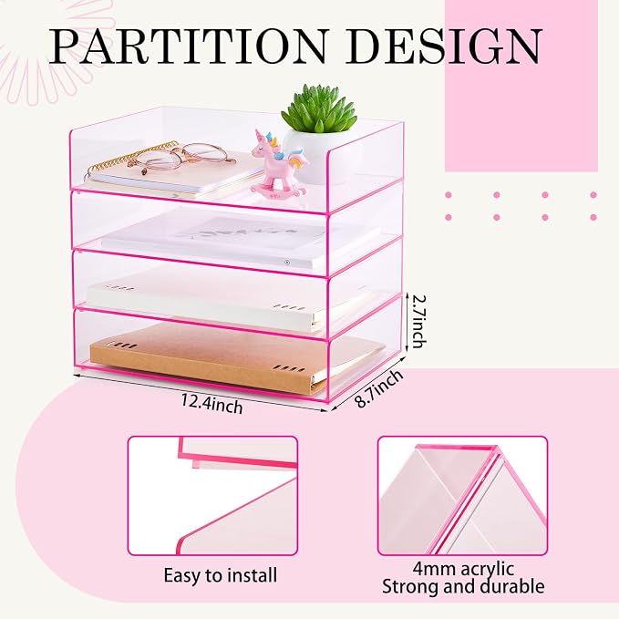 Harloon 4 Tier Paper Organizer Letter Tray Pink Acrylic Desk File Organizer Heavy Duty Stackable Documents Clear Letter Paper Holder Office Tray for A4, Office Classroom Home File Pad Notebooks - Image 2