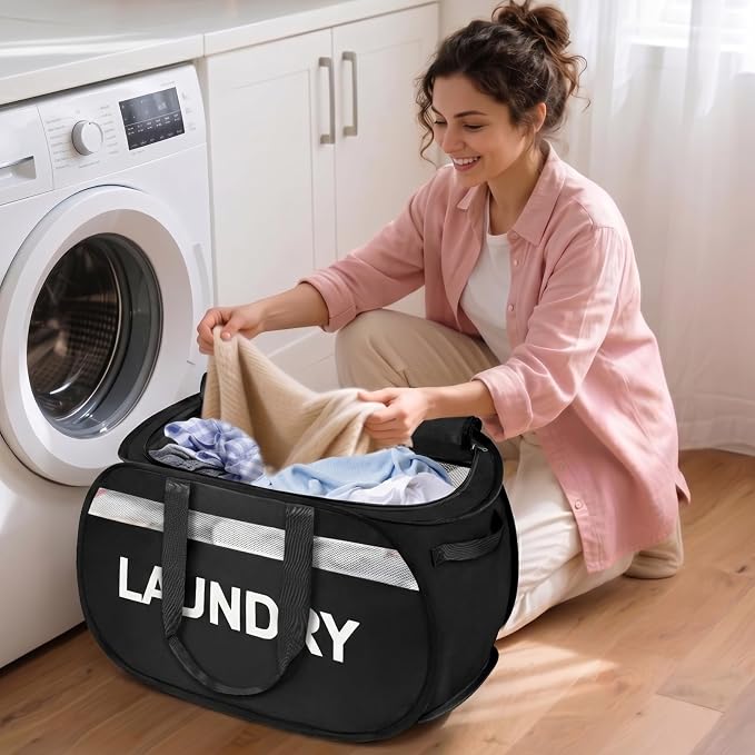 Large Collapsible Laundry Baskets Pop Up Laundry Hamper with Reinforced Handles Foldable Laundry Hamper for Home Laundry (Black Laundry with Lid) - Image 2