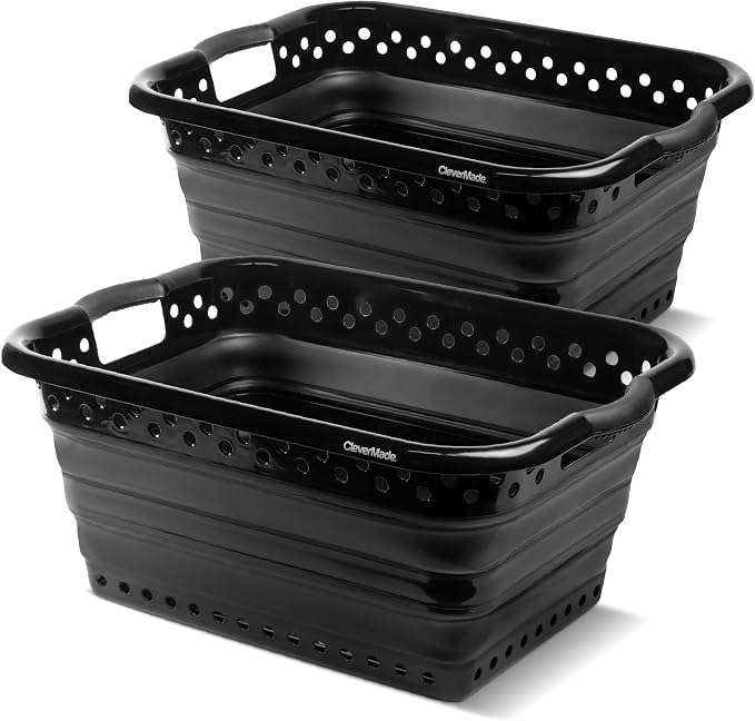 CleverMade Collapsible Plastic Laundry Basket, 39L, 2 Pack, Black | Save Space in Small Laundry Rooms | Each Basket Holds 45 lb, Molded Handles Ease Carrying, and Flexible Panels Fold Flat by CleverMade