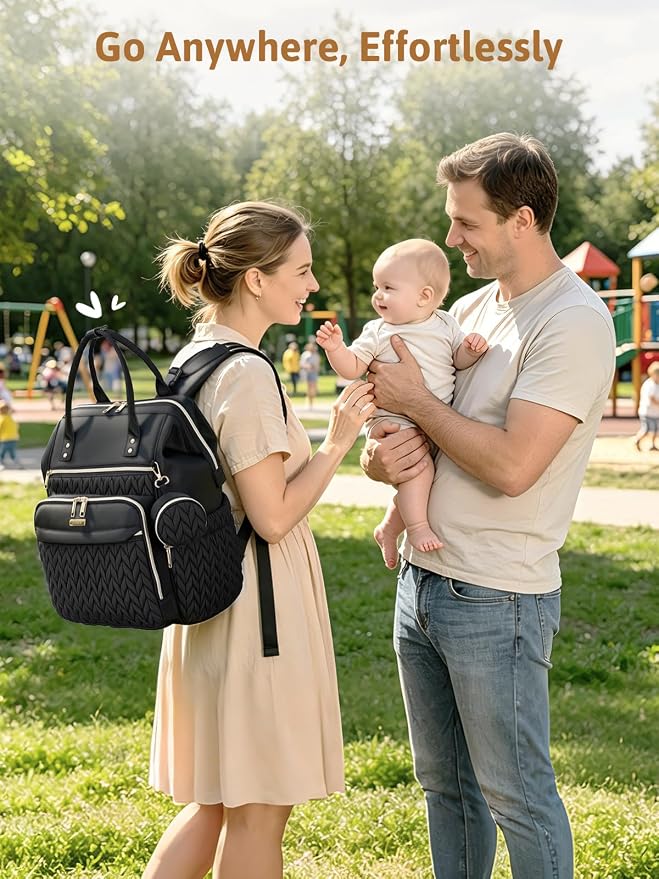 Lekesky Quilted Diaper Bag Backpack, Wide Opening Large Baby Bag for Mom | Black Travel Baby Diaper Backpack with Changing Pad, Insulated Pockets, Pacifier Case - Image 2