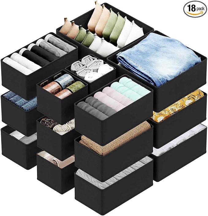 SpaceAid Drawer Organizer for Clothes, 18 Pack Dresser Drawer Organizer Bins, Closet Organizers and Storage Dividers for Clothing, Underwears, Socks (Black) by SpaceAid