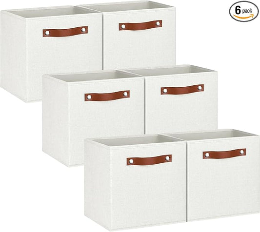 13x13 Storage Cubes - 6 Pack - Linen Fabric 13 Inch Cube Storage Bins for Bedroom, Living Room, Clothes and Toys; Foldable, Dual Leather Handles by Pomatree
