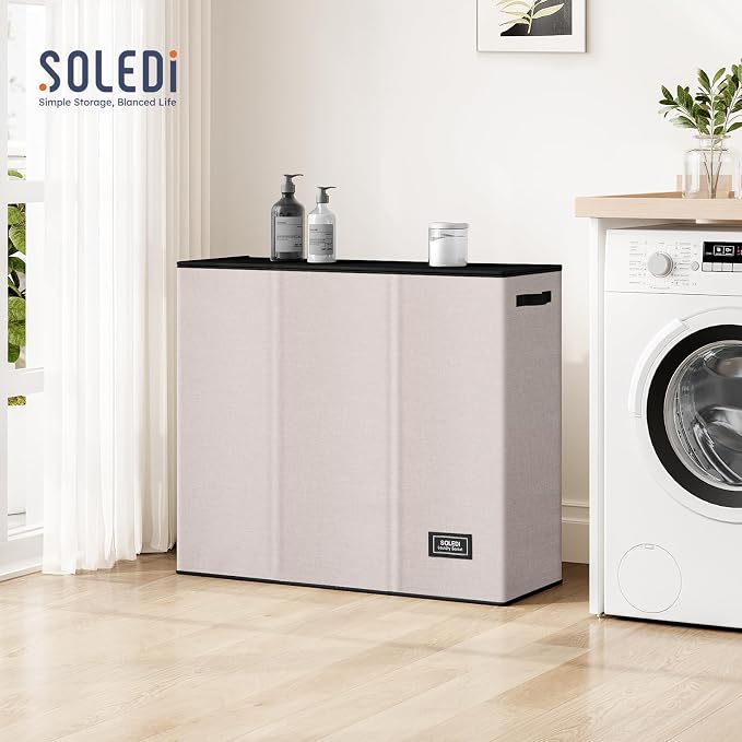 SOLEDI Large Laundry hamper 3 Section with Laundry Bag, XL Clothes Basket | 3-Section Large capacity Laundry Sorter with Odor-Blocking Lid, Robust Iron Frame & Waterproof 600D Fabric, 3 Washable Bags - Image 5
