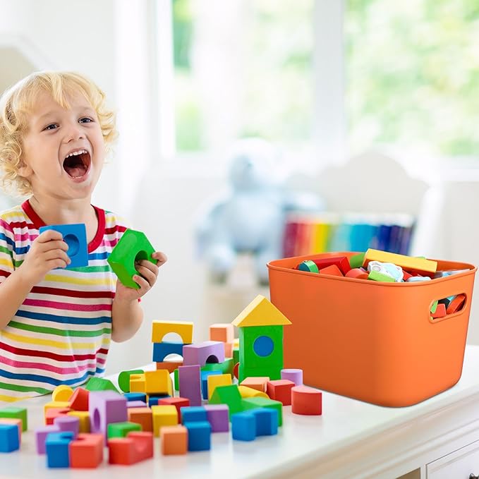 8 Pack Storage Bins, 10.2 X 7 X 6.3 Inch Orange | Plastic Stackable Containers with Lid Handle, For Shelves Desktop Playroom Office, Organizing Toys Books Supplies Storage - Image 6