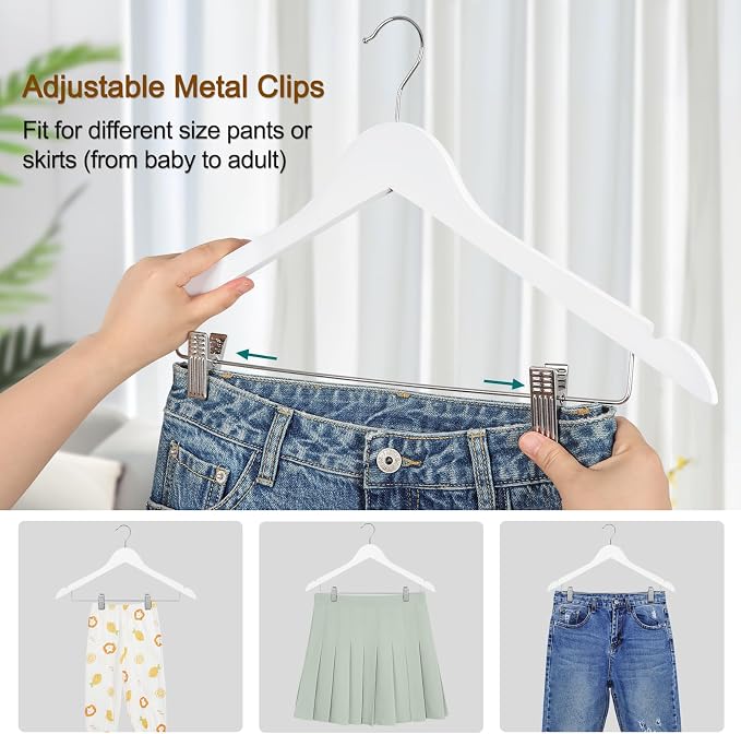 TOPIA HANGER Wooden Suit Hangers with Adjustable Metal Clips (10 Pack), Solid Smooth Wood Clothes Hangers, 360° Swivel Hook, Premium Pants Hangers for Clothes Coat, Jeans, Blouse-White,CT28W - Image 4