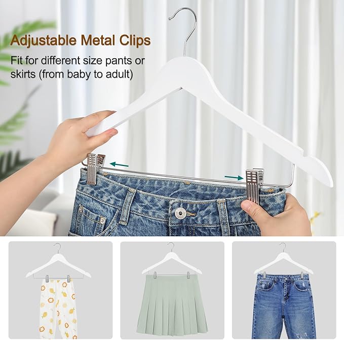 TOPIA HANGER Wooden Suit Hangers with Adjustable Metal Clips (20 Pack), Solid Smooth Wood Clothes Hangers, 360° Swivel Hook, Premium Pants Hangers for Clothes Coat, Jeans, Blouse-White,CT28W20 - Image 4