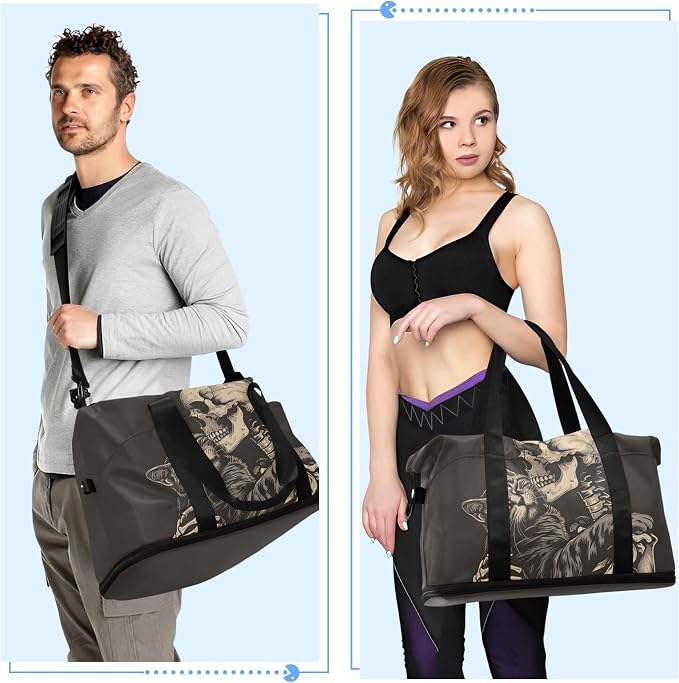 Travel Duffel Tote Bag Cat Snuggled Human Skeletal Skull Sports Duffel Bag with Wet Pocket Weekender Overnight Bag for Women Men Gym Bag, Carry On Bag Hospital Bag for Labor and Delivery - Image 4