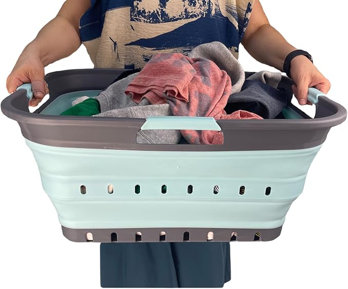 SAMMART 42 (11 Gallons) Collapsible Plastic Laundry Basket, Foldable Pop Up Storage Container/Organizer, Space Saving Hamper, Portable Bin for Dorm Room Bathroom (2, Grey/Lake Green) - Image 6