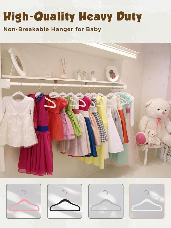 Kids Velvet Hangers 50 Pack, 14 Inch Premium Non Slip Kids Felt Hangers for Closet, Space Saving Toddler Clothes Hanger for Youth's Childrens' Clothes (Rose Gold Hook)- White | Premium Kids Hangers for Closet Storage, Space Saving Toddler Clothes Hange... - Image 9