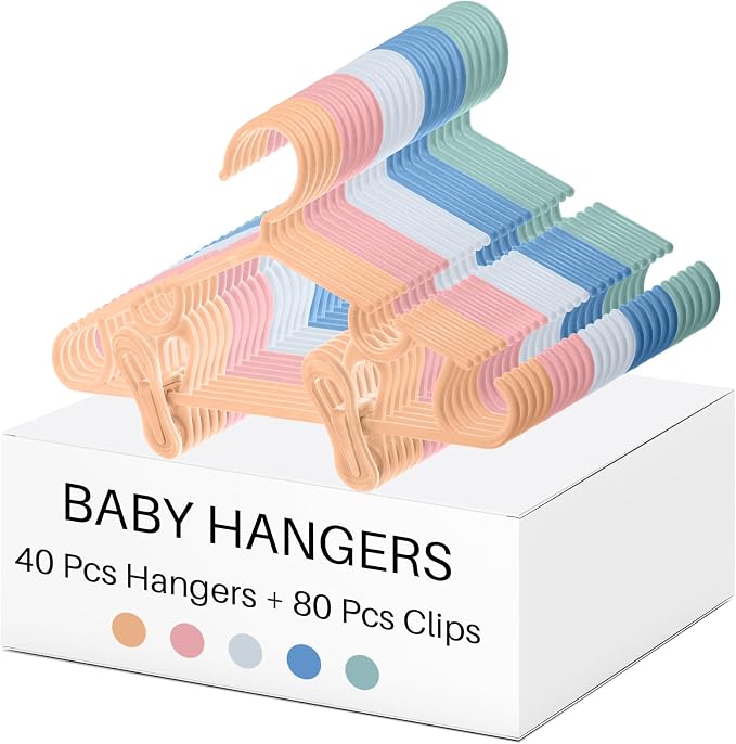 Hsei Baby Hanger with Clip for Pant,120 Packs Total,Morandi Color,10.6 Inch | 40 Kids Plastic Hanger with 80 Clips for Newborn, Nursery, Daycare, Preschool, Closet, Wardrobe Organizer for Baby Shower by Hsei
