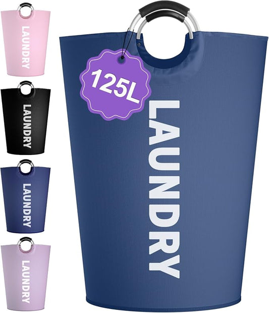 125L Collapsible Laundry Basket with Handles, Extra-large Laundry Hamper for Bedroom, Freestanding Dirty Clothes Basket, Sturdy Laundry Bin for Living Room, Camping, Navy Blue by IHOMAGIC
