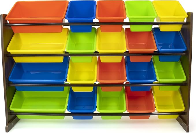 Humble Crew Extra-Large Toy Organizer with 20 Plastic Bins – Dark Walnut/Neon Storage Rack with 4-Tier Shelves, Anti-Tip Safety, for Kids’ Rooms, Playrooms, Nurseries & Classrooms - Image 2