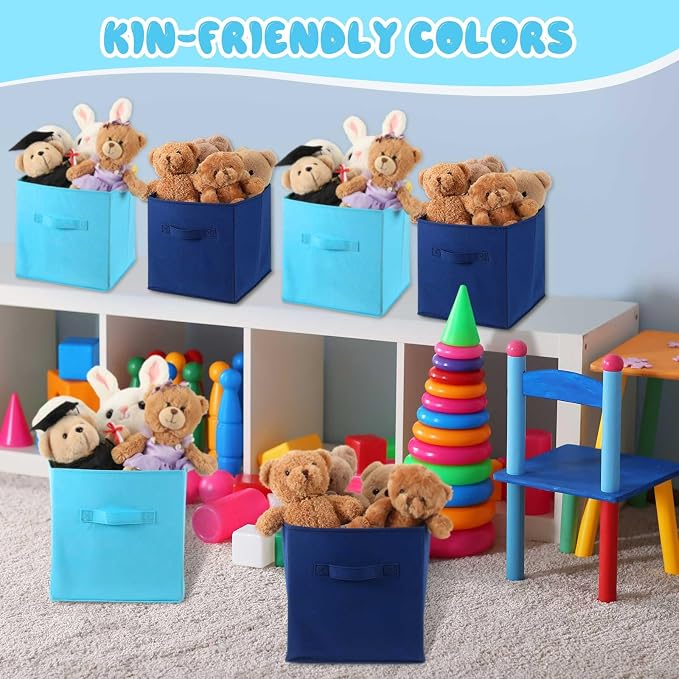 Yinder 12 Pcs Cube Storage Bin Blue 10.5''x10.5''x11'' Storage Bins for Playroom Decor Colorful Bins for Kids Foldable Baskets for Nursery Organizer Boxes Fabric Boxes(Dark and Light Blue) - Image 3