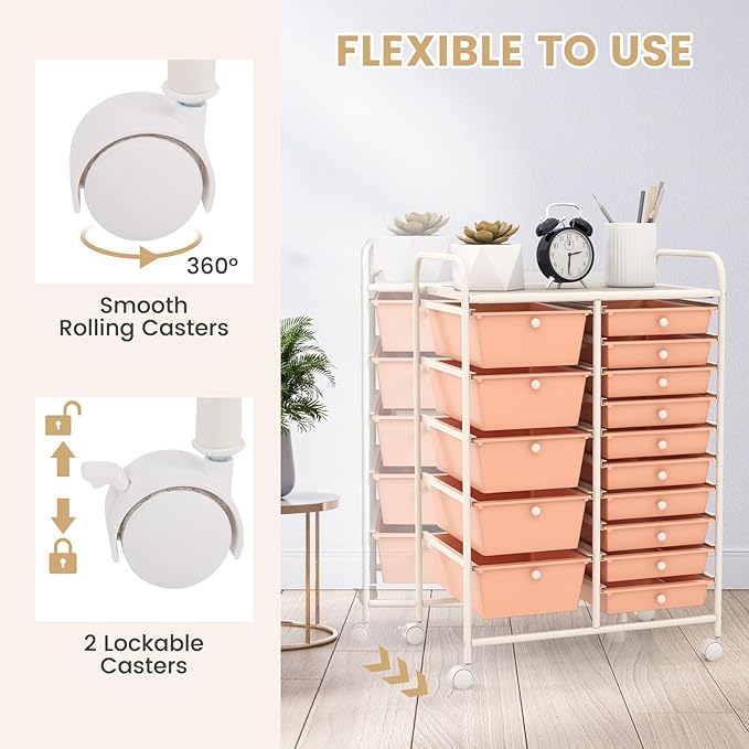 15 Drawer Rolling Storage Cart, Rolling Cart with Drawers for Classroom, Art Supply Craft Organizer on Wheel with Metal Frame & Handles for Home Office School - Image 5