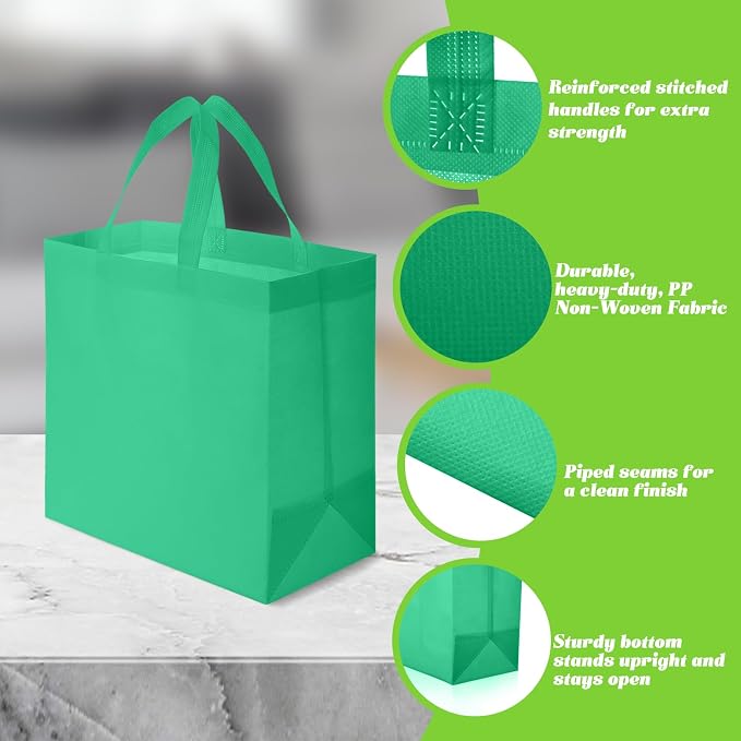 Reginary 100 PCS Non Woven Tote Bags Bulk,Green | Reusable Shopping Bags with Handles, Stores, Groceries Markets, Events Gift, Party Supplies - Image 5