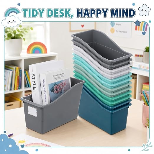 gisgfim 12 Pack Large Book Bins with Labels (Modern) | Durable Plastic,Stackable Magazine Organizer,Storage Bins for Classroom,Library,Office,Bookshelf Categorization - Image 4