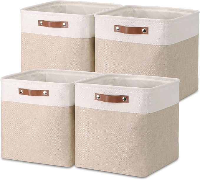 Temary Cube Storage Bins 13x13 Fabric Storage Cubes Baskets Set Of 4 Cloth Baskets for Shelf, Large Bin Empty Basket for Organizing, Shelf Basket (White&Khaki) by TEMARY