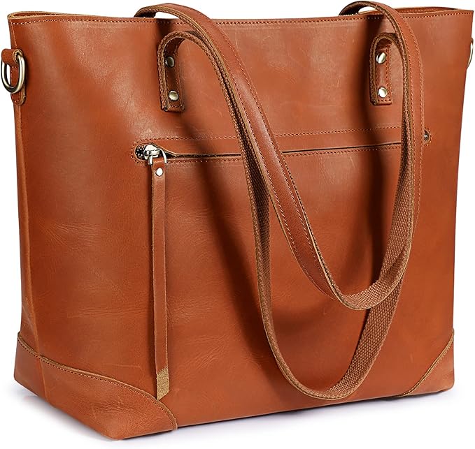 S-ZONE Vintage Genuine Leather Shoulder Bag Work Totes for Women Large | Top Grain Leather, Purse Handbag, Fits Laptop Documents, Luggage Sleeve, Multi Pockets, Work Travel Everyday by S-ZONE