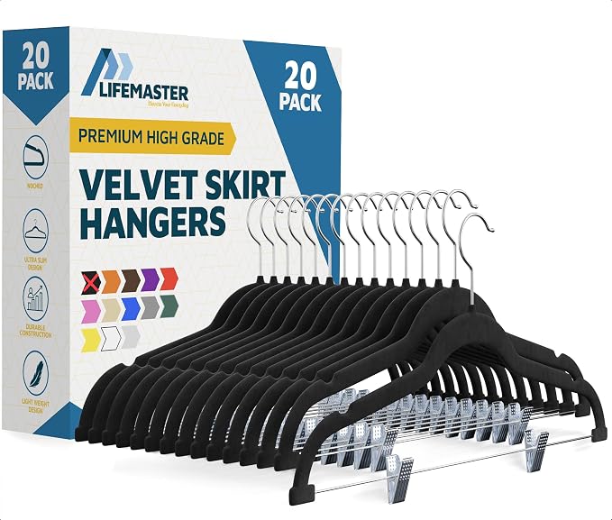 Lifemaster Velvet Skirt Hangers – with Adjustable Clips, 360 Degree Swivel Hook, and Non-Slip Shoulder Notch, Holds Up to 10 lbs, for Organizing Skirt, Pants, Dress, and Clothes, Pack of 20, Black by LIFEMASTER
